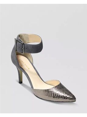 Cole Haan Grand OS Gray Suede Ankle-Strap Pump with Metallic Snake Print Toe